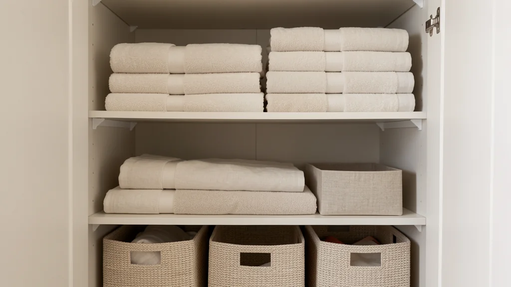 Compact closet shelves holding folded towels and linen baskets