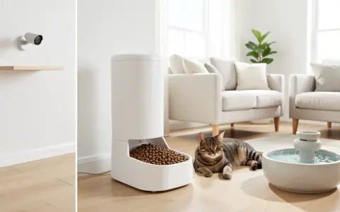 Wall-mounted pet camera separated from an automatic dry-food feeder, water fountain, and resting cat