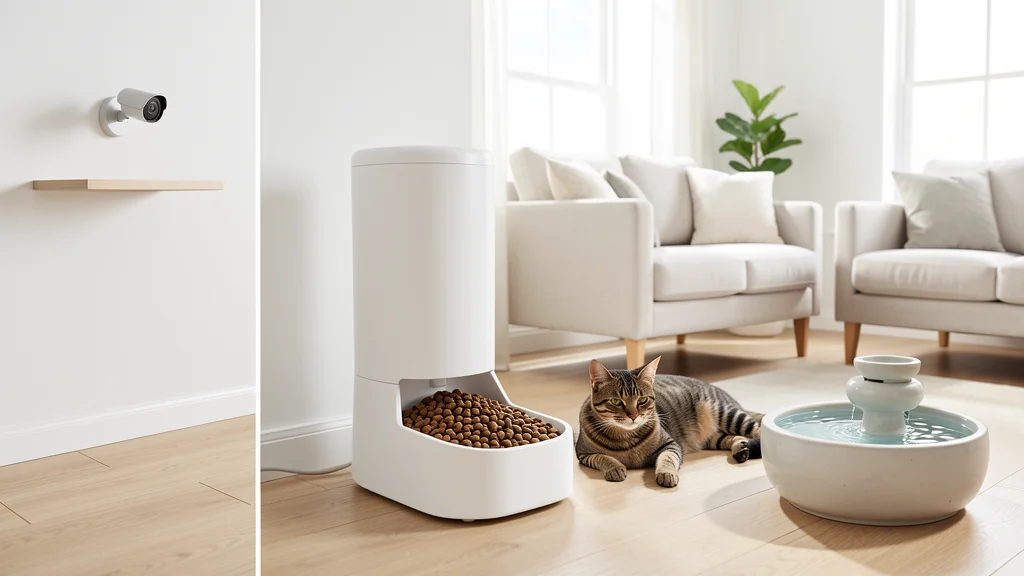 Wall-mounted pet camera separated from an automatic dry-food feeder, water fountain, and resting cat