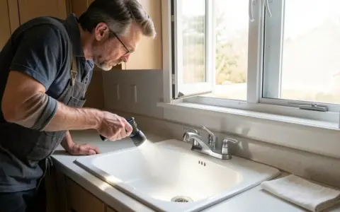 Person inspecting a kitchen sink drain near an open window