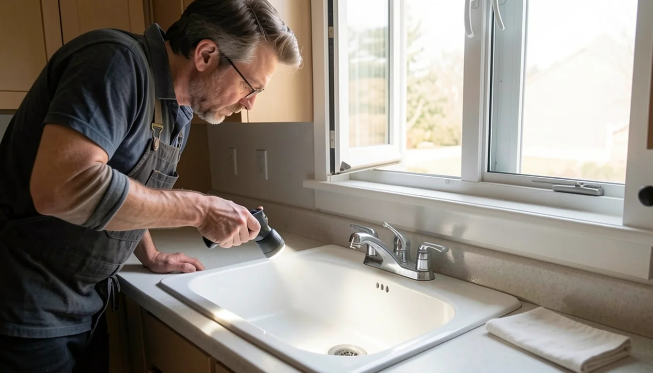 Person inspecting a kitchen sink drain near an open window