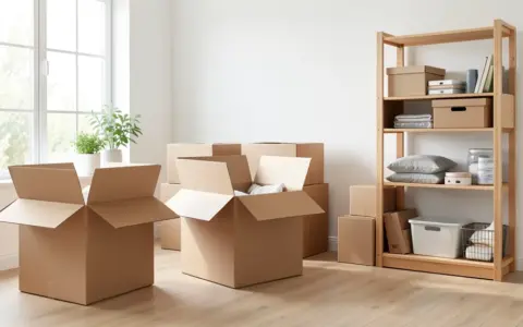Open moving boxes in a bright room with partly organized shelving