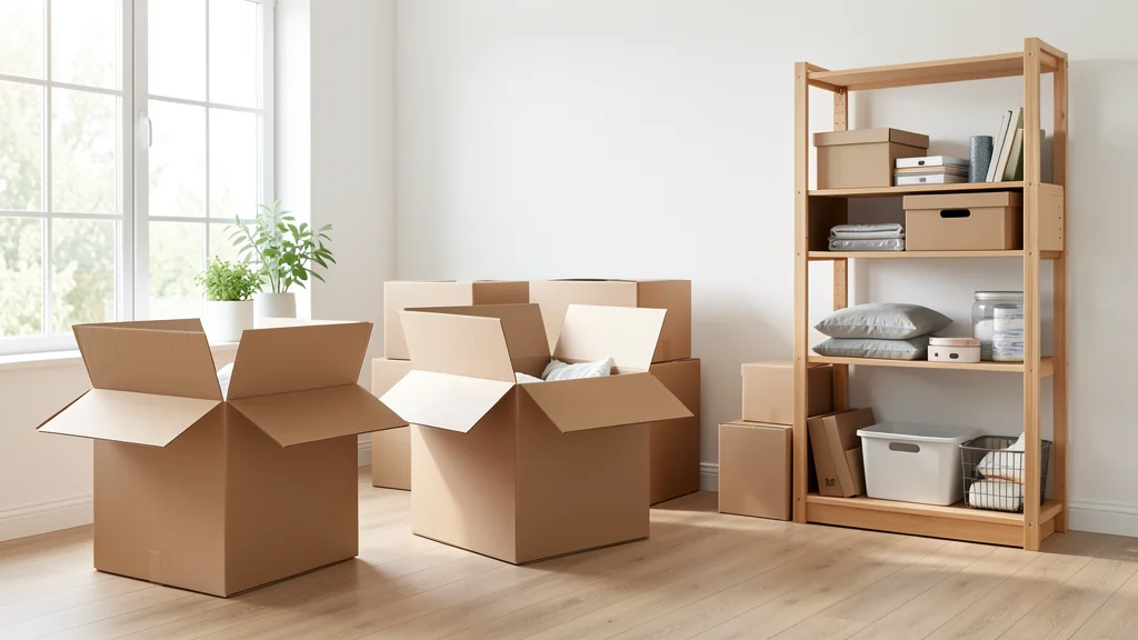 Open moving boxes in a bright room with partly organized shelving
