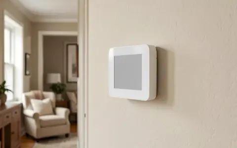 Small smart thermostat mounted on an interior hallway wall