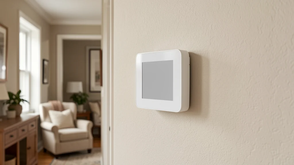 Small smart thermostat mounted on an interior hallway wall
