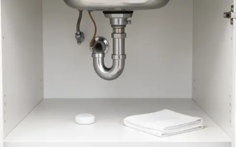 Small water leak sensor on the dry floor of an under-sink cabinet