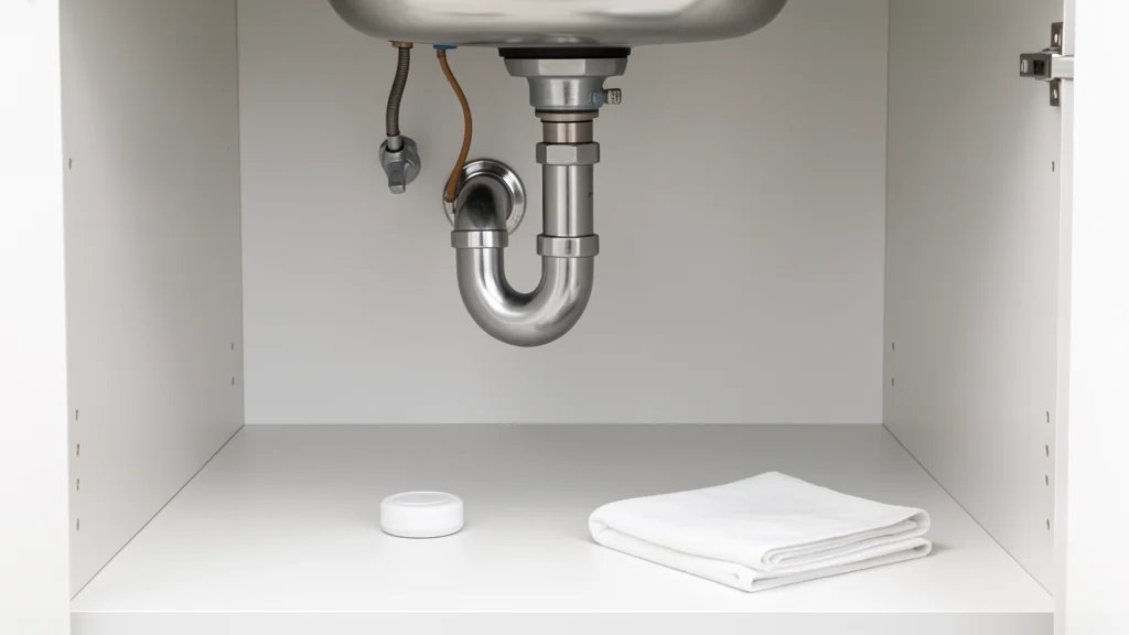 Small water leak sensor on the dry floor of an under-sink cabinet